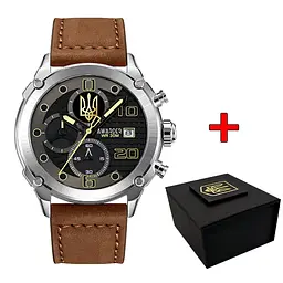 Чоловічий наручний годинник 016 Silver-Black-Brown Тризуб золото Awarder acs0031884