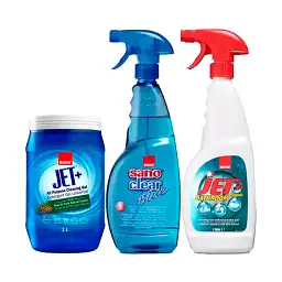 Набір Sano Засіб для миття акрилових поверхонь Jet Bathroom, Універсальний засіб Clear для стекол та поверхонь, Універсальний гель Jet+ Gel з олією сосни (287096, 425646, 993277)