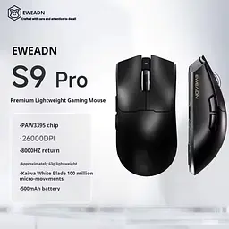 Ігрова бездротова мишка EWEADN S9 Pro / Три режими підключення / Сенсор PAW3395 / 26000 DPI / Black - мініатюра 2