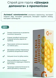 Спрей для горла "Швидка допомога з прополісом" 30мл., профілактика захворювань порожнини рота, Грін-Віза. - мініатюра 2