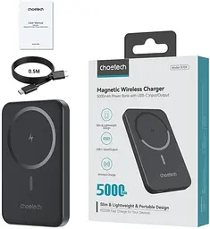 УМБ Choetech Magnetic Wireless 5000mAh 20W PD Qi-15W USB-C In/Out, тонкий, Black - мініатюра 3