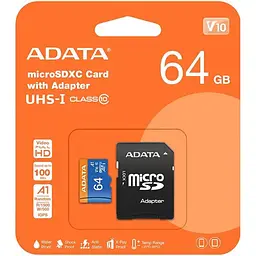 Карта пам'яті ADATA MicroSDXC Premier 64Gb Class 10 UHS-1 A2 + SD адаптер (AUSDX64GUICL10A1-RA1) [162345] - мініатюра 3