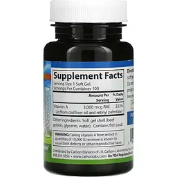 Вітамін А Carlson Vitamin A 10000 МО 100 желатинових капсул - мініатюра 2