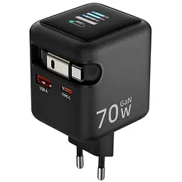 МЗП Amaya E700D PD70W+QC3.0 GaN (1USB-A/1C) + Retractable Cable Type-C Black