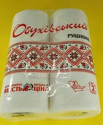 Паперові рушники, Обухів, 2-шарові, білий, 2 рулони по 38 аркушів, 220ммx230мм, 16 метрів, 2 в упаковці