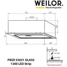 Витяжка вбудована Weilor PBSR 52651 Glass BL 1300 LED Strip - мініатюра 13