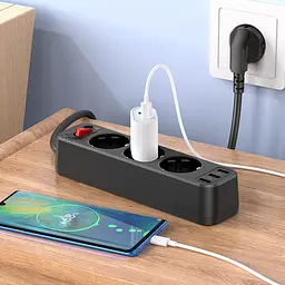 Мережевий фільтр-продовжувач Hoco NS2 (3 х розетки 3 х USB) чорний 1.8 м - мініатюра 2