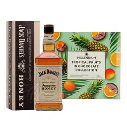 Набір: Лікер Jack Daniel's Honey 35% 0.7 л у подарунковій упаковці + Цукерки Millennium Фрукти в шоколаді Асорті 210 г