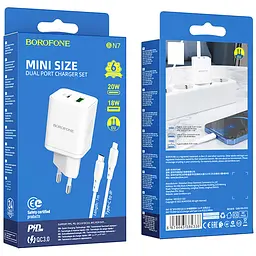 МЗП Borofone BN7 PD20W+QC3.0 (1USB-A/1C) + кабель Type-C to Lightning White - мініатюра 6