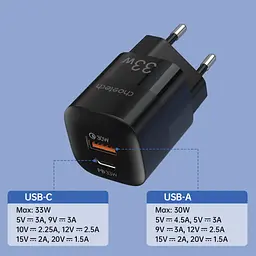 Зарядний пристрій 2xUSB 33W (USB-C+USB-A ) PD QC3.0 PD5006 чорний Choetech (PD5006-EU-BK) - мініатюра 3