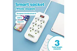 Мережевий подовжувач / фільтр / розгалужувач (D6) 6х220 V + 4хUSB + 1хType-C 3 метри - мініатюра 2