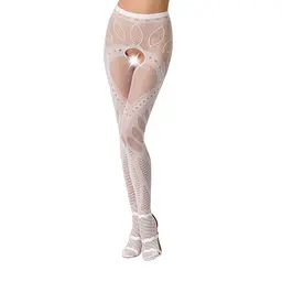 Еротичні колготки-бодістокінг Passion S007 white, гарні ажурні колготки з вирізом, S/M/L
