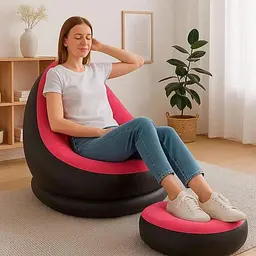 Надувний диван із пуфом Air Sofa / Надувне велюрове крісло з пуфом + насос Рожевий - мініатюра 3