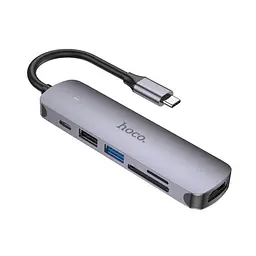 Type-C(PD) HUB Hoco HB28 Type-C multi-function converter (HDTV+USB3.0+USB2.0+SD+TF+PD) Metal Grey - мініатюра 6