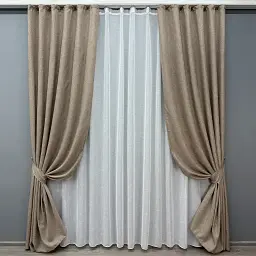 Комплект штор с тюлем VR-Textil Лен Мешковина, светло-кофейный с белым, 2 шторы 100×270 см + тюль 300×270 см, арт. 71-053/1