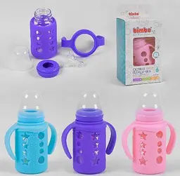 Пляшка скляна Bimbo 75130 (48) з силіконовою соскою, 120 мл, 3 кольори, 1шт в коробці