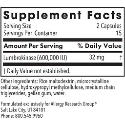 Ламброкіназа Allergy Research Group Lumbrokinase 60 капсул з ентеросолюбільним покриттям (ALG-76140) - мініатюра 3
