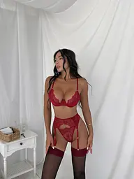 Комплект білизни ажурний бюстгальтер трусики пояс та панчохи червоний XL 48/50 - мініатюра 3