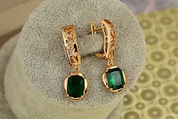 Сережки підвіски Xuping Jewelry рифма із зеленим каменем 3 см золотисті