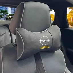 Подушка на підголівник з логотипом Opel Екошкіра 3D Кольоровий лого Чорна-Сірий кант 1 шт