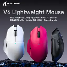 Мишка Attack Shark V6 Ultra-Light, Wireless/Bluetooth, 25000dpi. (PAW3311), 7кн., Black - мініатюра 4
