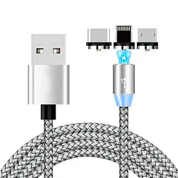 Магнітна зарядка X-Cable 3в1, кабель USB Type-C Micro USB Lightning, сріблястий шнур із підсвічуванням