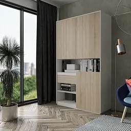 Шафа для речей з відкритими полицями та висувною скринькою BLUM FHRS-1 Білий/Дуб Сонома