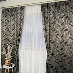 Жакардові штори "геометрія" шоколадного кольору 2шт. 150х270 з білим шифоновим тюлем 400х270, на тас ALBO pbe0052585 - мініатюра 3