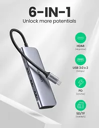 USB-хаб Ugreen 6 в 1 USB-C / 2xUSB 3.0 / 4K HDMI / TF / SD [70411] [63379] - мініатюра 2