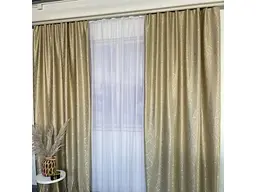 Льняні штори "бите стекло" золотистого кольору 2шт. 150х270 з білим шифоновим тюлем 400х270, на тасьмі ALBO pbe0052736 - мініатюра 2