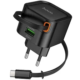 МЗП Hoco C154A Changer With Retractable Cable Type-C PD20W+QC3.0 (1USB-C) Black - мініатюра 3