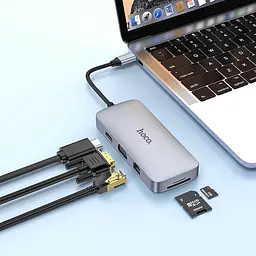 Мульти адаптер хаб Hoco HB33 10в1 Type-C to USB 3.0/ 2 USB 2.0/ Type-C/ HDMI/ VGA/ RJ45/ AUX/ SD/ TF PD 100W 0.18m сірий - мініатюра 4