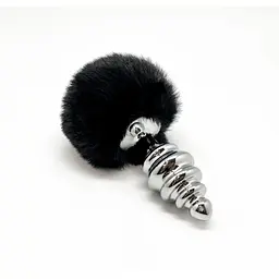 Металева анальна пробка Кролячий хвостик Alive Fluffy Twist Plug L Black діаметр 3.8 см - мініатюра 2