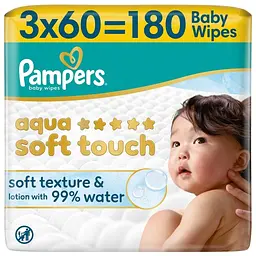 Дитячі вологі серветки Pampers Aqua Soft Touch 180 шт. (3 упаковок x 60 шт.)