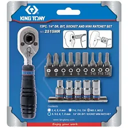 Набір вставок (біт) и головок з тріскачкою 1/4", TORX, HEX, PH, 15 предметів