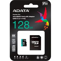 Карта пам'яті microSDXC (UHS-1 U3) A-DATA Premier Pro 128Gb Class 10 V30S A2 (R-100Mb/s W85Mb/s) (adapter SD) (AUSDX128GUI3V30SA2-RA1) - мініатюра 3