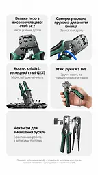 Обтискні кліщі для мережевого кабелю UGREEN NW136 Pro кримпер для штекерів 6P/8P з різанням та саморегульованим зняттям ізоляції для телефонних і мережевих штекерів категорій п’ять і шість та їхніх покращених версій не для екранованих штекерів із затискачем «ластівчин хвіст» для зняття ізоляції з круглих кабелів діаметром до 8 мм і з плоских кабелів з кільцем фіксації губок з механізмом зменшення зусилля м’які протиковзні руків’я TPE лезо 33 мм чорні (85949) - мініатюра 9