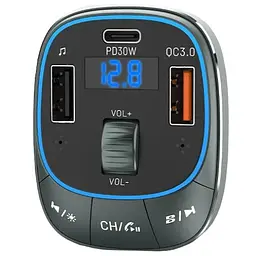 Автомобільний FM-трансмітер Vention PD 54W 3-Port USB (C+A+A) LED/USB Flash/Bluetooth, вольтметр - мініатюра 2