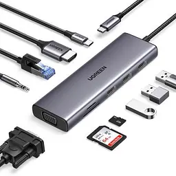 Концентратор Ugreen USB3.1 Type-C to HDMI/VGA/USB 3.0х3/RJ45/SD/TF/PD/35мм TRRS 100W 10-in-1 (15601) - мініатюра 2