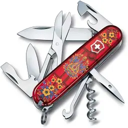 Ніж Victorinox Climber Ukraine 91мм,14функ,черв прозор ,Українські мотиви