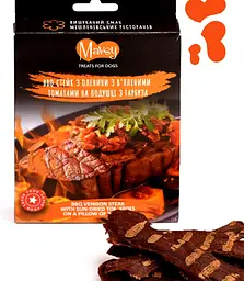 Ласощі для собак Mavsy Refined jerky BBQ VENISON STEAK WITH SUN-DRIED TOMATOES ON A BED OF PUMPKIN стейк з оленини з в'яленими томатами на подушці з гарбуза, 100 г