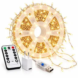 Світлодіодна гірлянда Мішура довжина 50 м на 1500 LED USB  DT-1595 Тепле біле світло з пультом ДК 