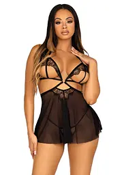 Сорочка беби-долл з відкритими чашками Leg Avenue Lace and Mesh Babydoll & Panty, Black, M, стринги