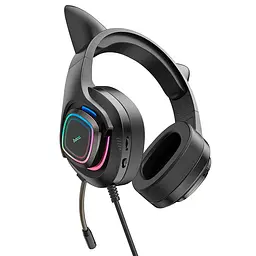 Ігрові дротові навушники Hoco W107 Cute Cat Ear, USB, 3.5mm, 2m, Black-Green - мініатюра 4