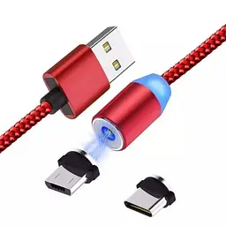 Магнитный кабель для зарядки телефона 3в1 "X-Cable" Красный, шнур для айфона/Type-C/microUSB провод - миниатюра 2