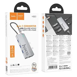 Usb-хаб Hoco HB51 Wow 6-in-1 multi-function converter (HDTV+RJ45+PD+Usb3.0x3) Темно-сірий - мініатюра 2