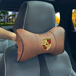 Подушка на підголівник з логотипом Porsche Екошкіра 3D Кольоровий лого Коричневий-Коричневий кант 1 шт