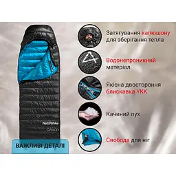 Спальник з натуральним пухом Naturehike CW400 NH18C400-D, p-р L, чорно-блакитний - мініатюра 8