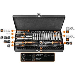 Neo Tools Набір інструментів, Набір торцевих головок, 63шт, 1/4", CrV, металевий кейс