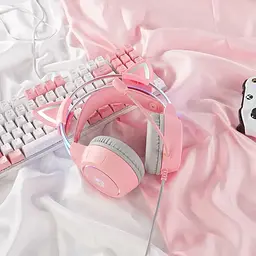Накладні ігрові навушники Onikuma X15 Pro дротові з гарнітурою і котячими вушками та RGB-підсвіткою рожеві - мініатюра 3